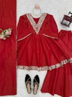 Red Color Cosmos Fabric Real Mirror Work Palazzo Set