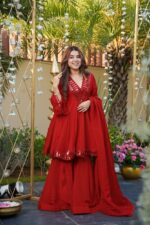 Red Color Cosmos Fabric Real Mirror Work Palazzo Set