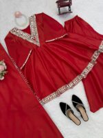 Red Color Cosmos Fabric Real Mirror Work Palazzo Set