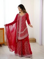 Red Color Faux Georgette Fabric Sequence Work Palazzo Suit