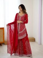 Red Color Faux Georgette Fabric Sequence Work Palazzo Suit