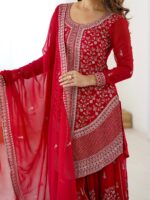 Red Color Faux Georgette Fabric Sequence Work Palazzo Suit