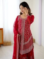 Red Color Faux Georgette Fabric Sequence Work Palazzo Suit