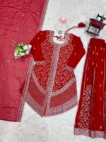 Red Color Faux Georgette Fabric Sequence Work Palazzo Suit