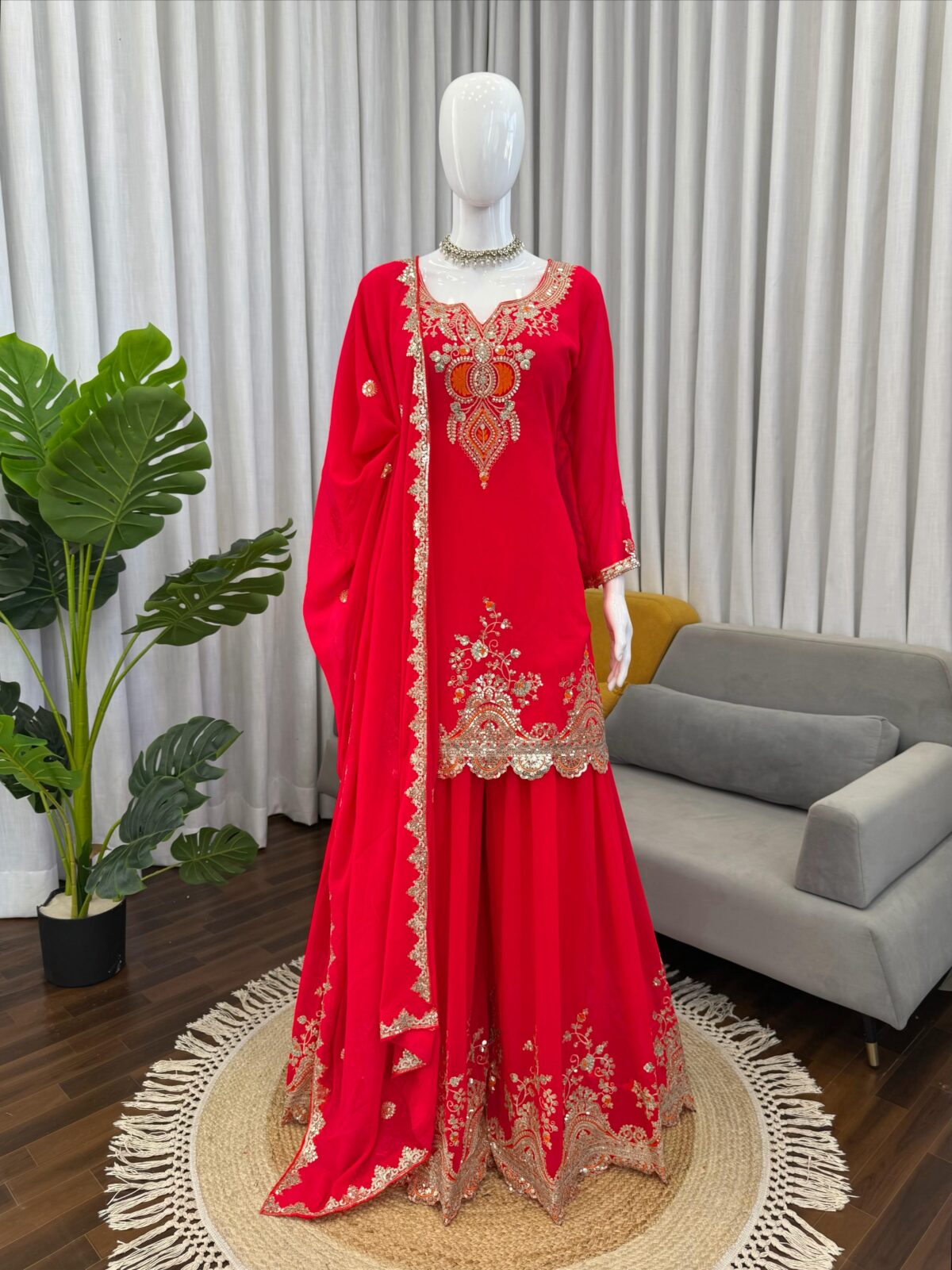 Red Color Faux Georgette Fabric Sequence Work Sharara Set