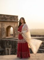 Red Color Jimmy Choo Fabric Pearl Work Palazzo Suit