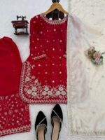 Red Color Jimmy Choo Fabric Pearl Work Palazzo Suit