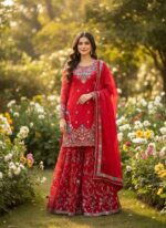 Red Color Jimmy Choo Fabric Pearl Work Sharara Set