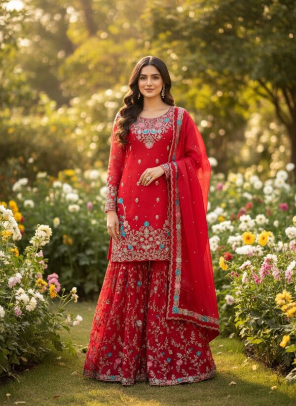 Red Color Jimmy Choo Fabric Pearl Work Sharara Set