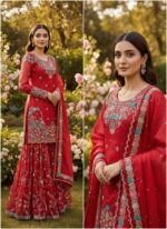 Red Color Jimmy Choo Fabric Pearl Work Sharara Set