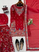 Red Color Jimmy Choo Fabric Pearl Work Sharara Set