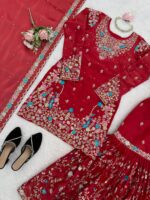 Red Color Jimmy Choo Fabric Pearl Work Sharara Set