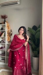 Red Color Jimmy Choo Fabric Sequence Work Palazzo Set