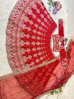 Red Color Malai Satin Fabric Sequence Work Bridal Lehenga