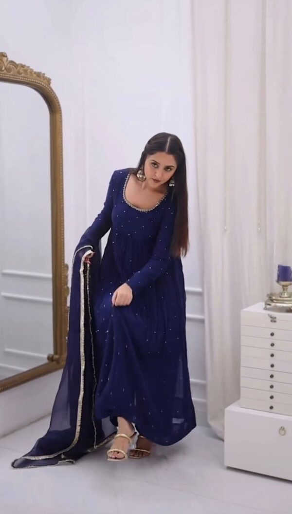 Royal Blue Color Faux Georgette Fabric Hand Work Anarkali Suit