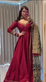 Sukhmani Gambhir Dark Pink Color Chinon Silk Fabric Sequence Work Gown