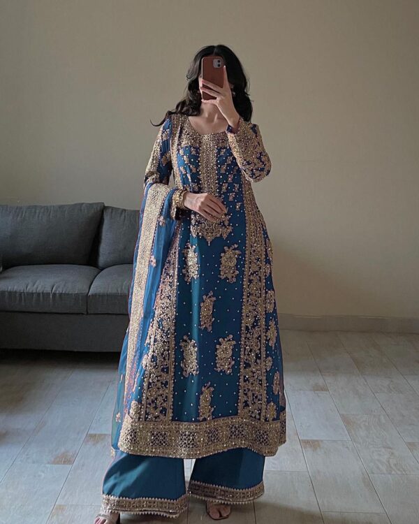 Teal Blue Color Faux Georgette Fabric Pearl Work Palazzo Suit