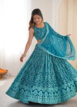 Teal Blue Color Faux Georgette Fabric Sequence Work Lehenga