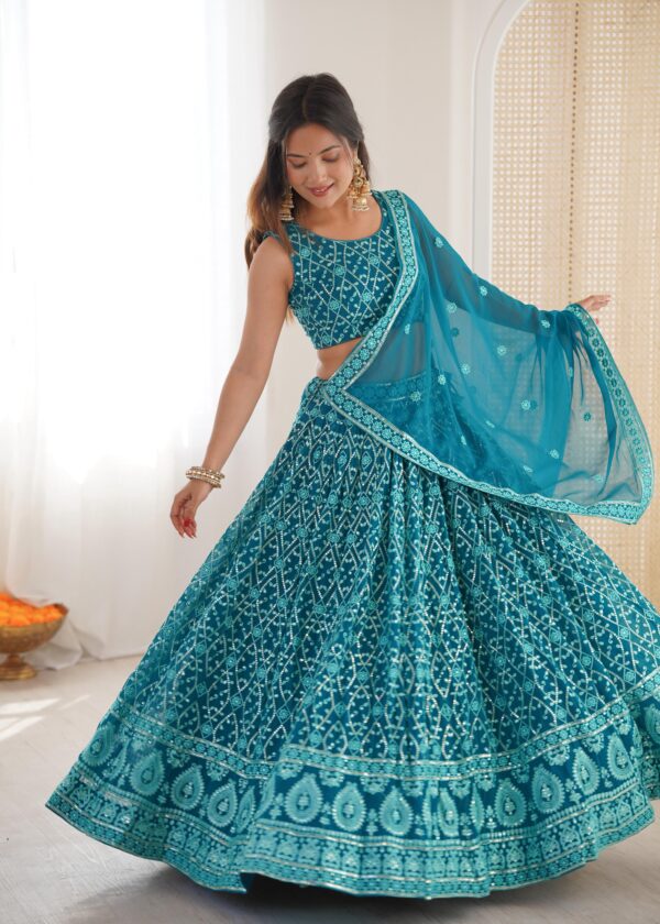 Teal Blue Color Faux Georgette Fabric Sequence Work Lehenga