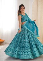 Teal Blue Color Faux Georgette Fabric Sequence Work Lehenga