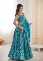 Teal Blue Color Faux Georgette Fabric Sequence Work Lehenga