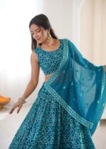 Teal Blue Color Faux Georgette Fabric Sequence Work Lehenga