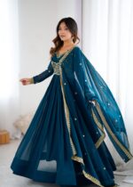 Teal Blue Color Faux Georgette Fabric Sequence Work Suit