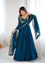 Teal Blue Color Faux Georgette Fabric Sequence Work Suit