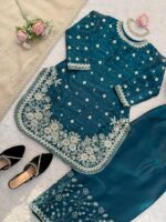 Teal Blue Color Jimmy Choo Fabric Pearl Work Palazzo Suit