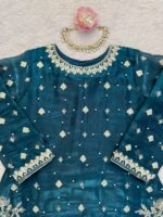 Teal Blue Color Jimmy Choo Fabric Pearl Work Palazzo Suit