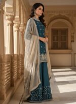 Teal Blue Color Jimmy Choo Fabric Pearl Work Palazzo Suit
