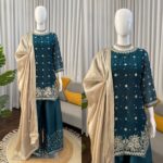 Teal Blue Color Jimmy Choo Fabric Pearl Work Palazzo Suit