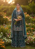 Teal Blue Color Jimmy Choo Fabric Pearl Work Sharara Set