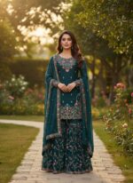 Teal Blue Color Jimmy Choo Fabric Pearl Work Sharara Set