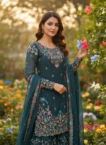 Teal Blue Color Jimmy Choo Fabric Pearl Work Sharara Set