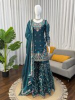 Teal Blue Color Jimmy Choo Fabric Pearl Work Sharara Set
