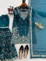 Teal Blue Color Jimmy Choo Fabric Pearl Work Sharara Set