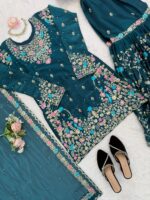 Teal Blue Color Jimmy Choo Fabric Pearl Work Sharara Set