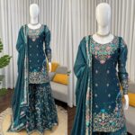 Teal Blue Color Jimmy Choo Fabric Pearl Work Sharara Set