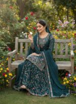 Teal Blue Color Jimmy Choo Fabric Pearl Work Sharara Set