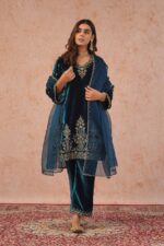 Teal Blue Color Viscose Velvet Fabric Thread Work Suit