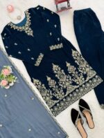 Teal Blue Color Viscose Velvet Fabric Thread Work Suit