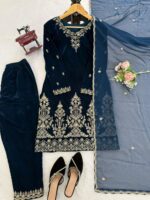 Teal Blue Color Viscose Velvet Fabric Thread Work Suit