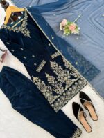 Teal Blue Color Viscose Velvet Fabric Thread Work Suit
