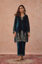 Teal Blue Color Viscose Velvet Fabric Thread Work Suit