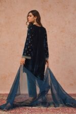 Teal Blue Color Viscose Velvet Fabric Thread Work Suit
