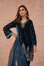 Teal Blue Color Viscose Velvet Fabric Thread Work Suit