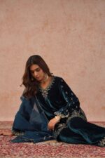 Teal Blue Color Viscose Velvet Fabric Thread Work Suit