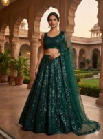 Teal Green Color Tapeta Satin Silk Fabric Sequence Work Lehenga