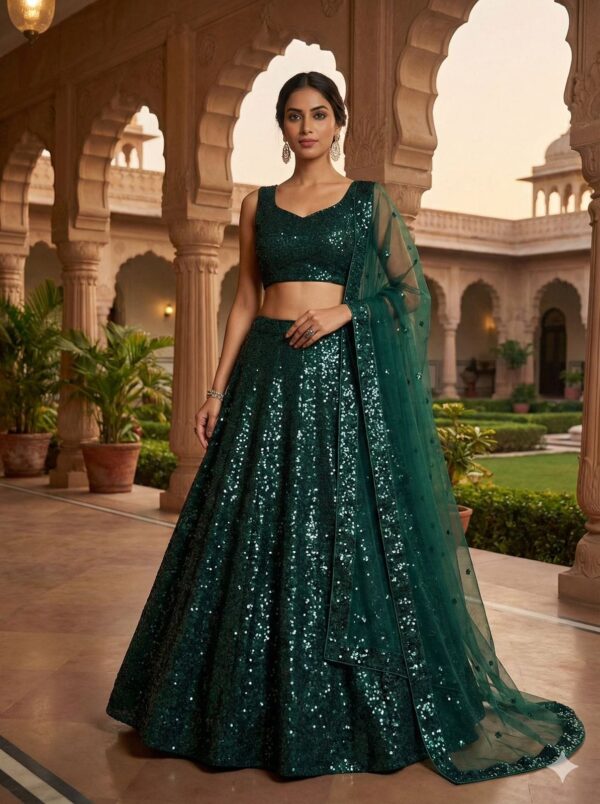 Teal Green Color Tapeta Satin Silk Fabric Sequence Work Lehenga